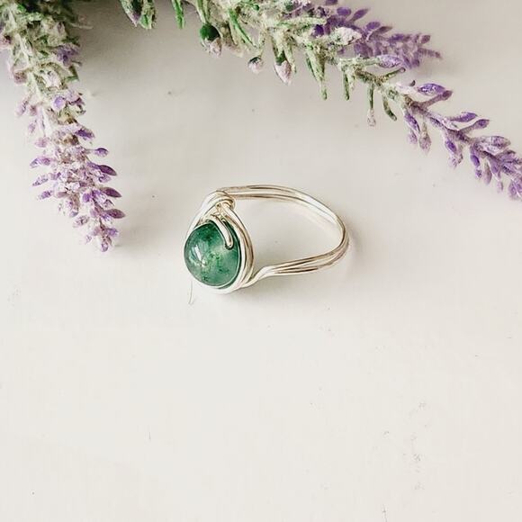 Green Natural Jade Stone Bead Ring / Wire Wrapped Ring in Green, Silver - Picture 1 of 8